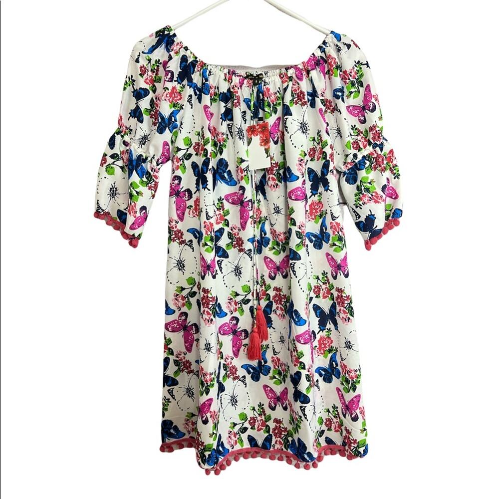 America & Beyond Womens Floral Butterfly Print Tassel String Hem Dress Sz S